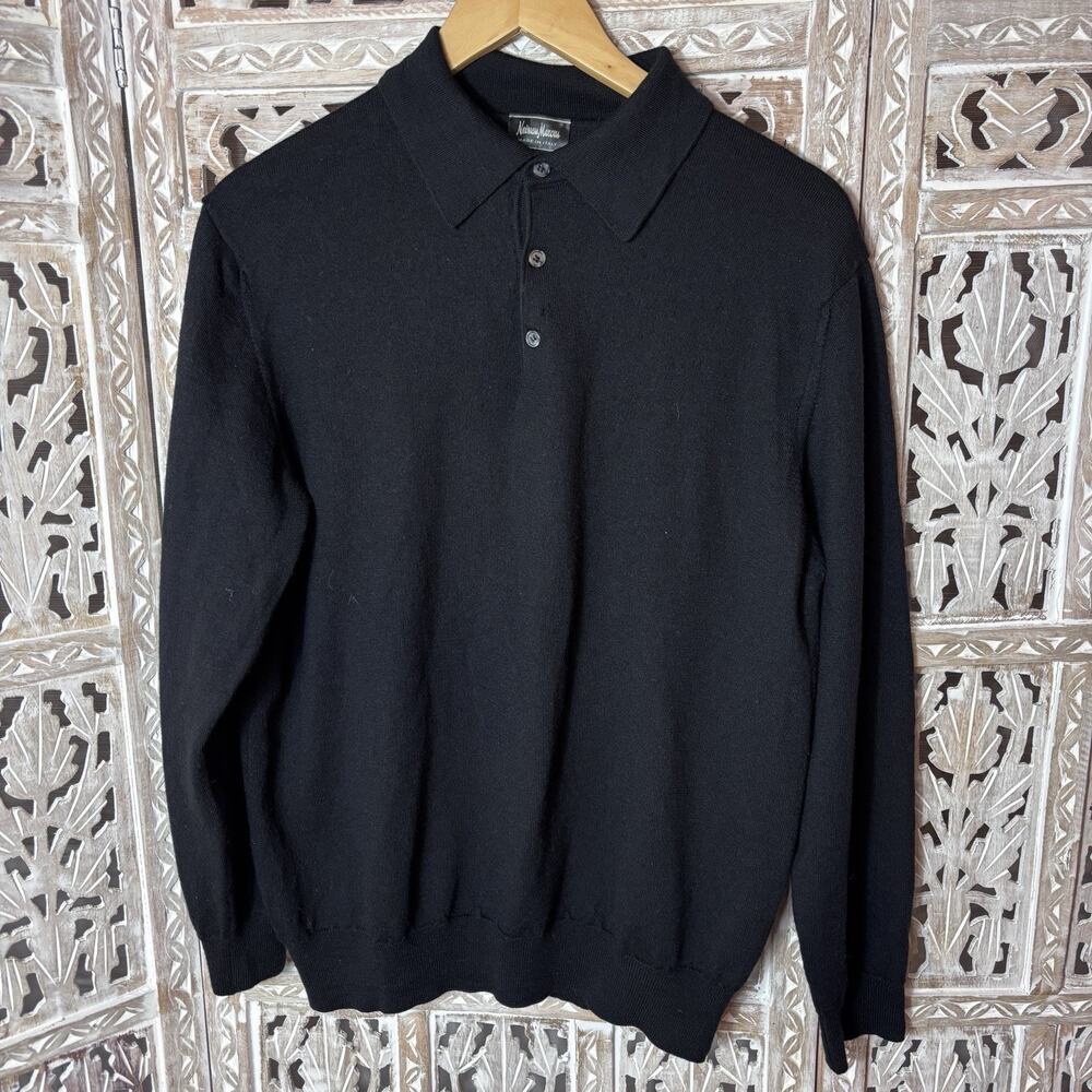Neiman Marcus Polo Sweater Mens L Black Merino Wool ITALY Quiet Luxury Preppy